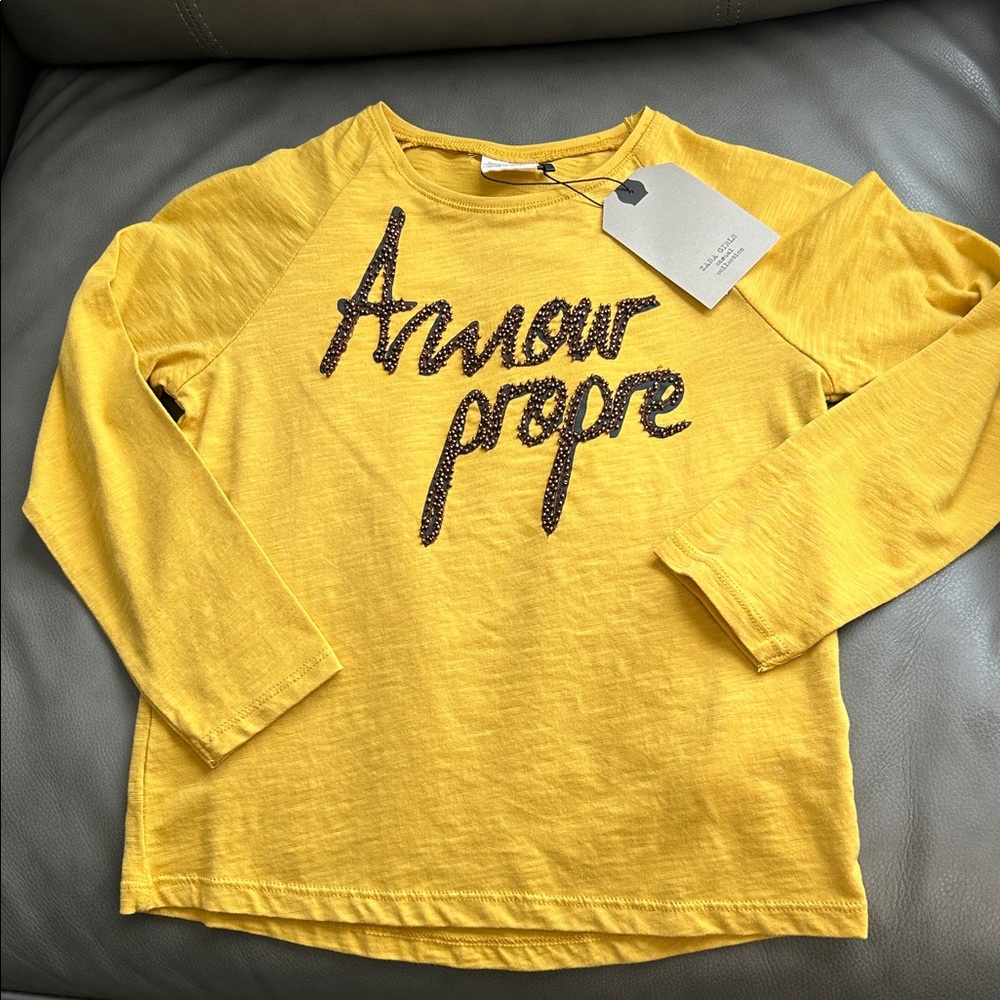 Zara Yellow Long Sleeve Kids Tee with Graphic Text